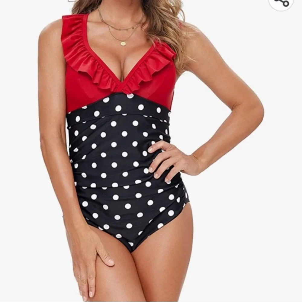 Women’s One Piece Swimwear Bathing Suit Red Polk a dot + cover NWOT Size XXL